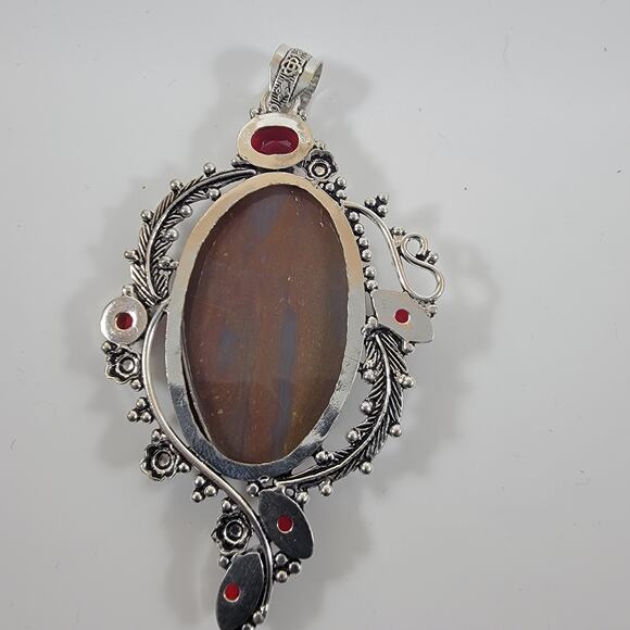 Brown Jasper Pendant – With Red Garnet Accents + 20" Sterling Silver Chain - Picture 2 of 10